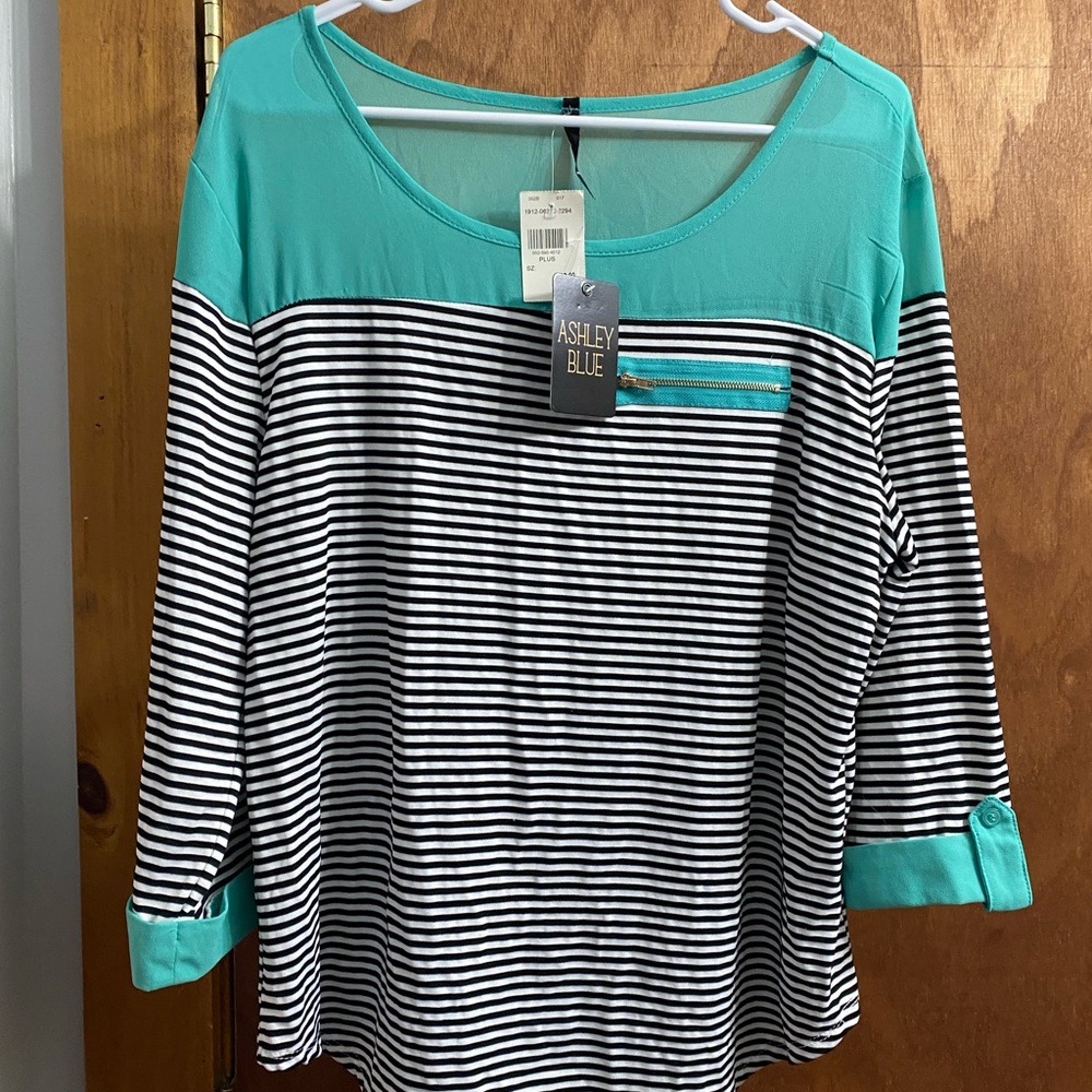 Ashley Blue Women's Striped Top - Teal and Black 2XL NWT